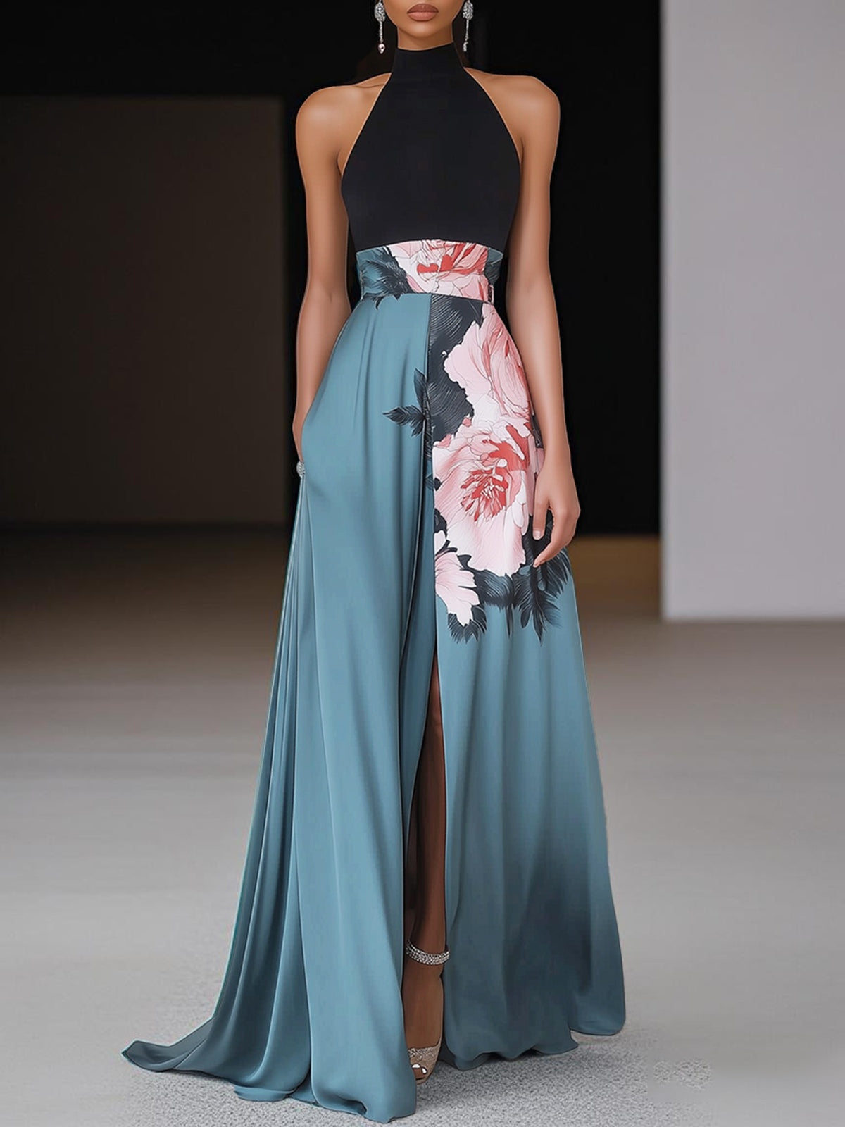 Halter Neck Slit Floral Wedding Guest Maxi Dress for Women