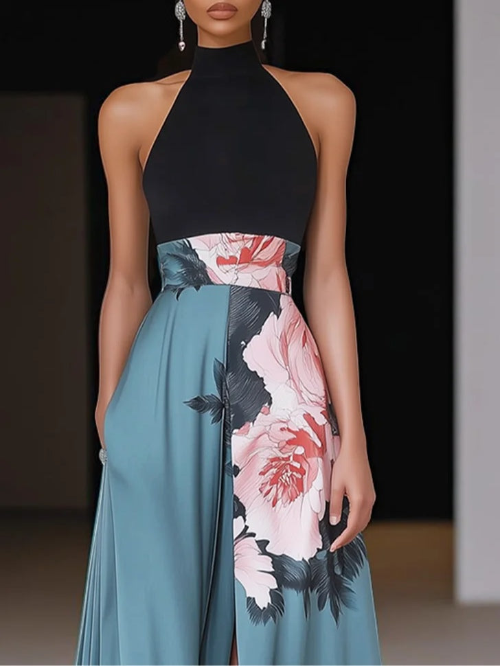 Halter Neck Slit Floral Wedding Guest Maxi Dress for Women