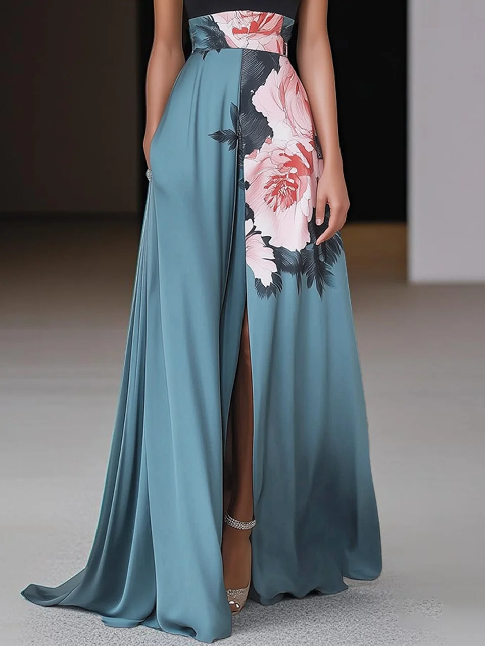 Halter Neck Slit Floral Wedding Guest Maxi Dress for Women