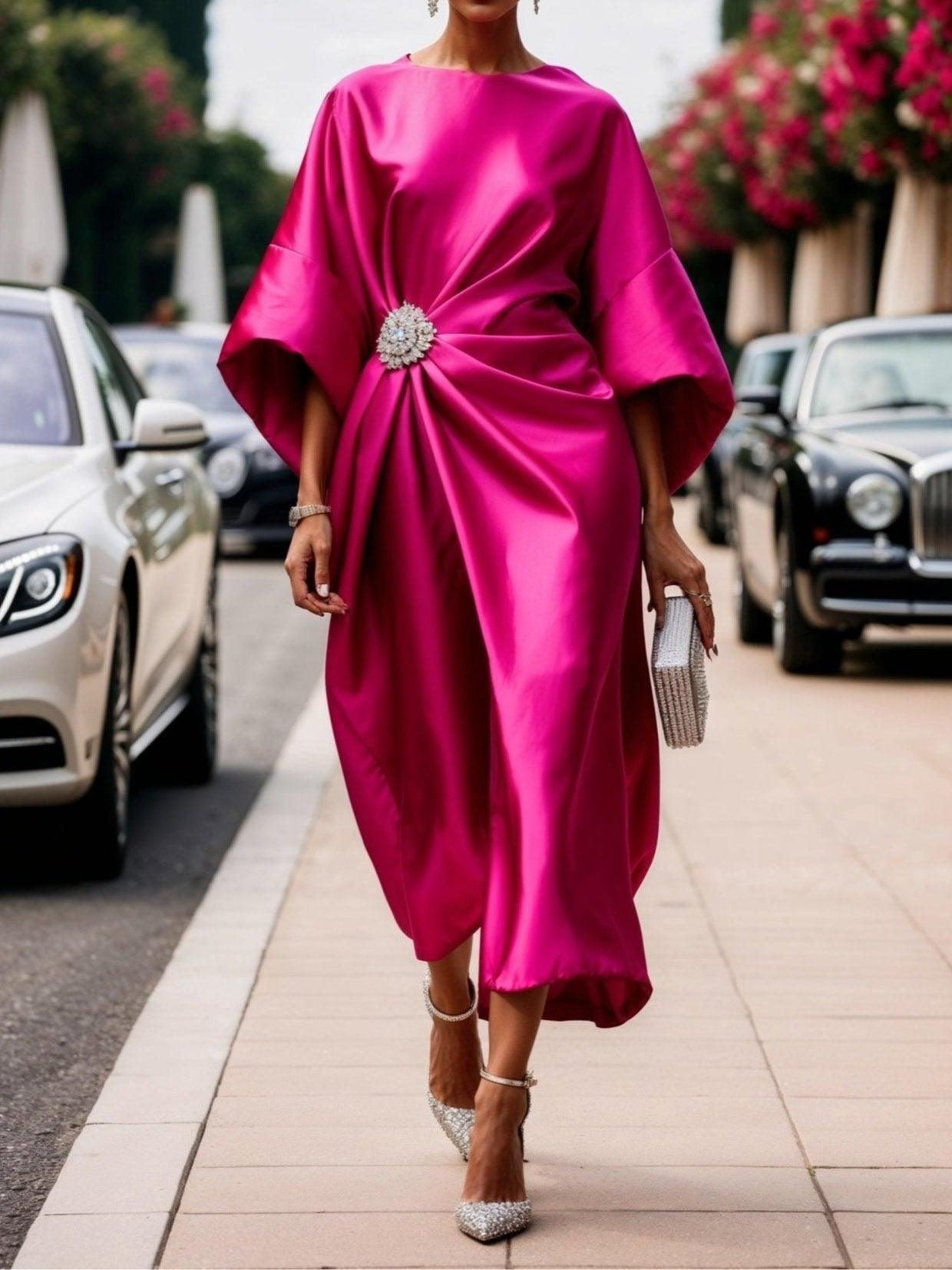 A-Line Boat Neck Maxi Dress for Women - Rose Red
