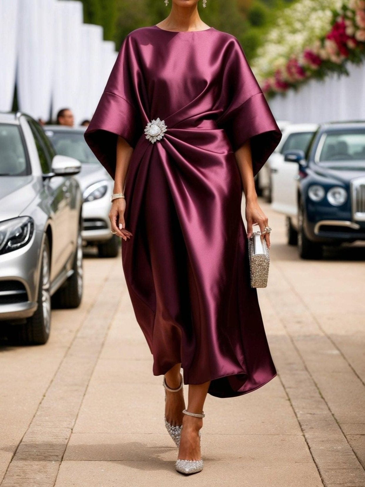 A-Line Boat Neck Maxi Dress for Women - Claret