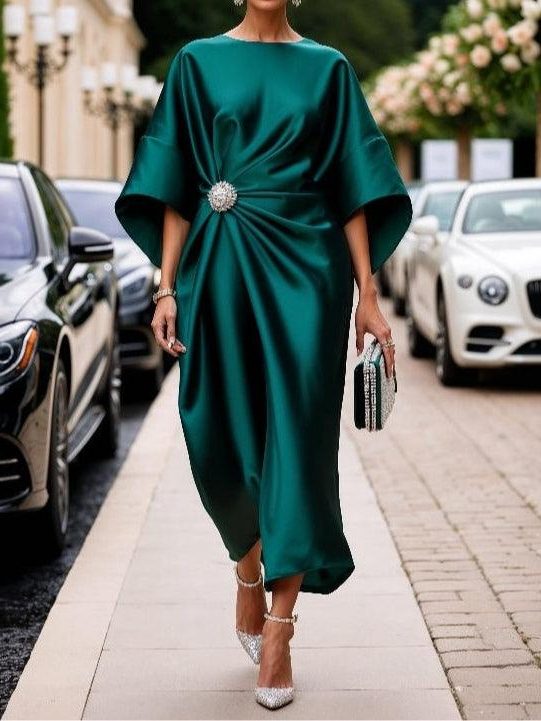 A-Line Boat Neck Maxi Dress for Women - Green