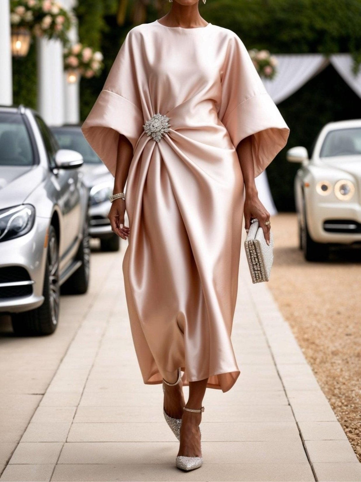 A-Line Boat Neck Maxi Dress for Women - Light Pink