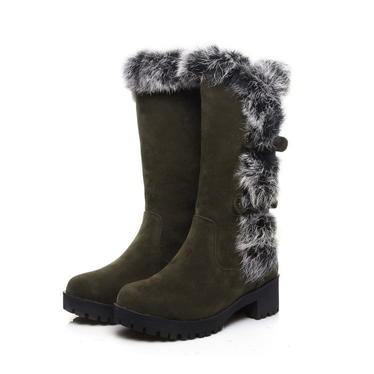 Suede Faux Fur Trim Buckle MidCalf Winter Boots for Women