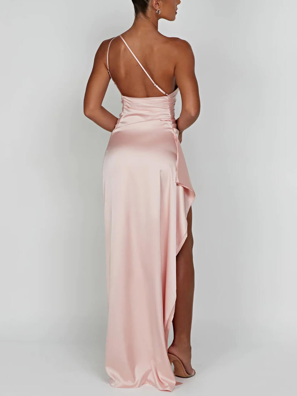 One Shoulder Satin Maxi Dress with High Slit for Women