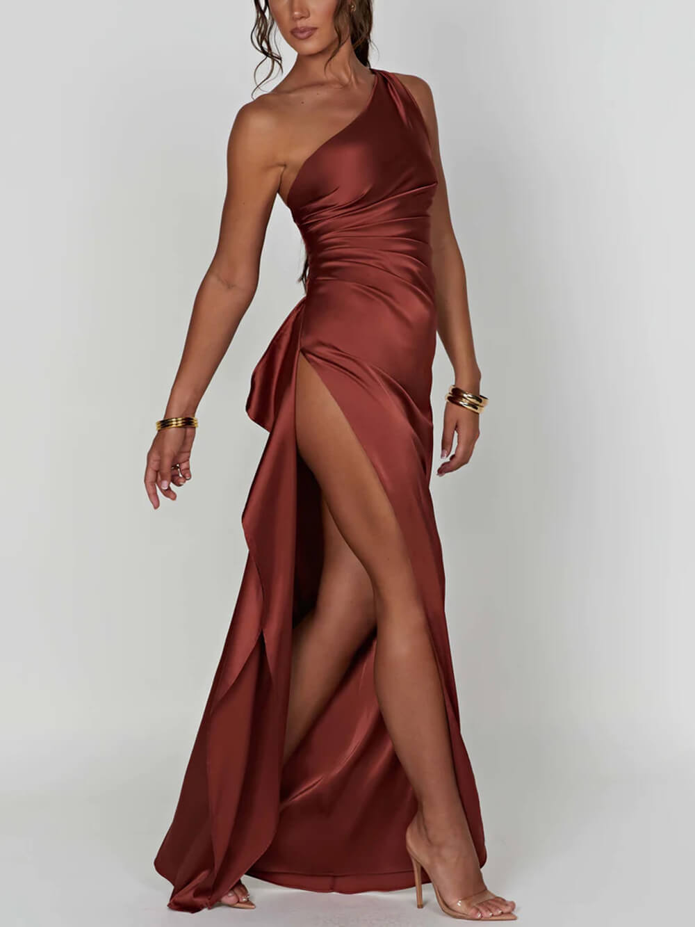 One Shoulder Satin Maxi Dress with High Slit for Women