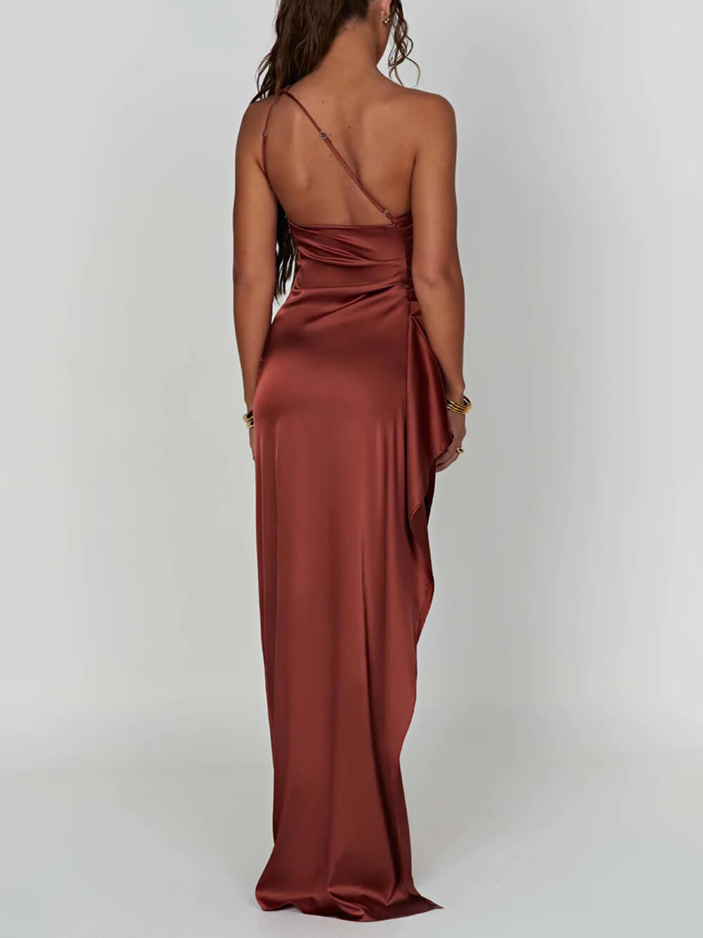 One Shoulder Satin Maxi Dress with High Slit for Women