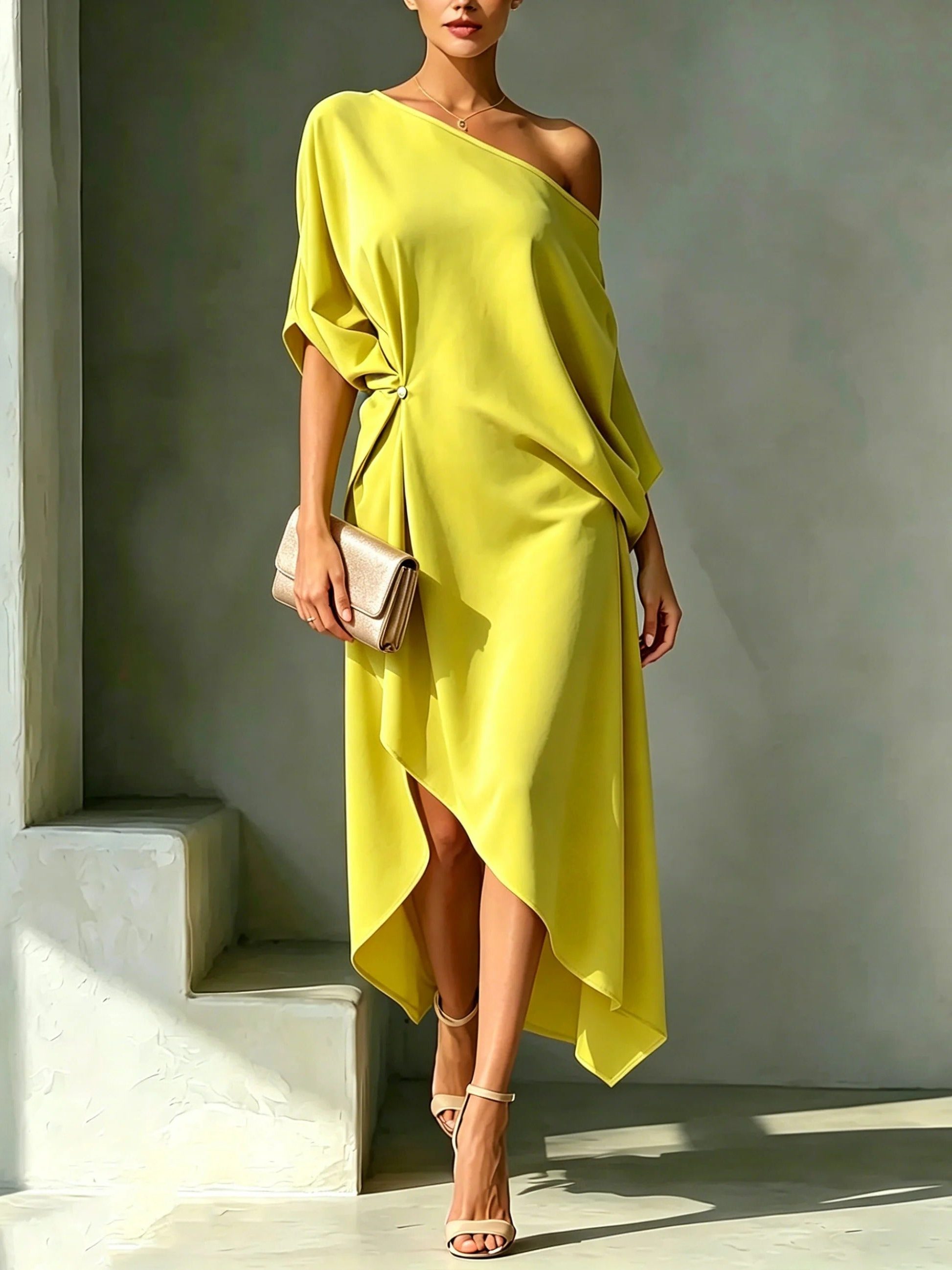 Asymmetric Midi Dress for Women - Jaune