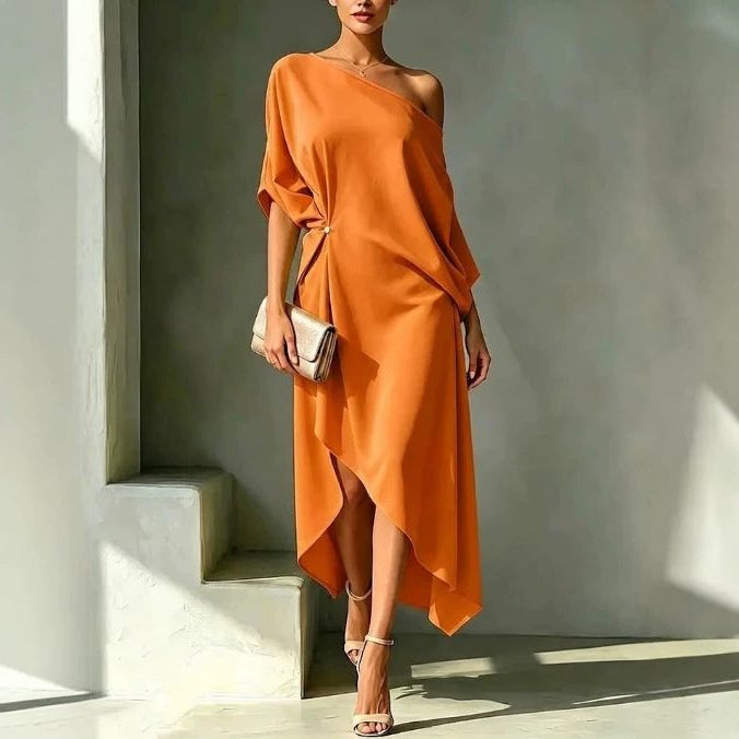 Asymmetric Midi Dress for Women - Orange