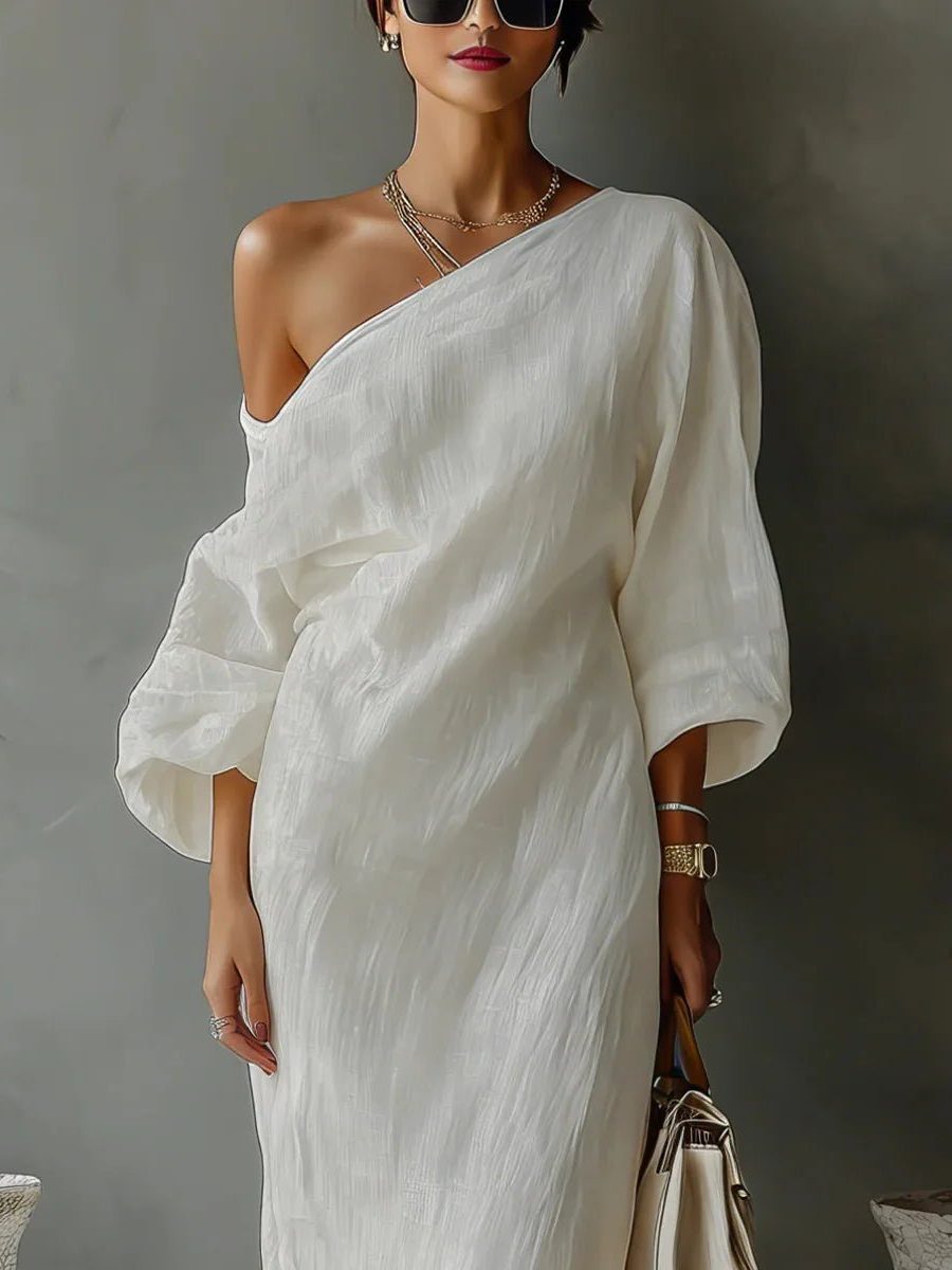 Asymmetrical One Shoulder Linen Maxi Dress for Women - View 2
