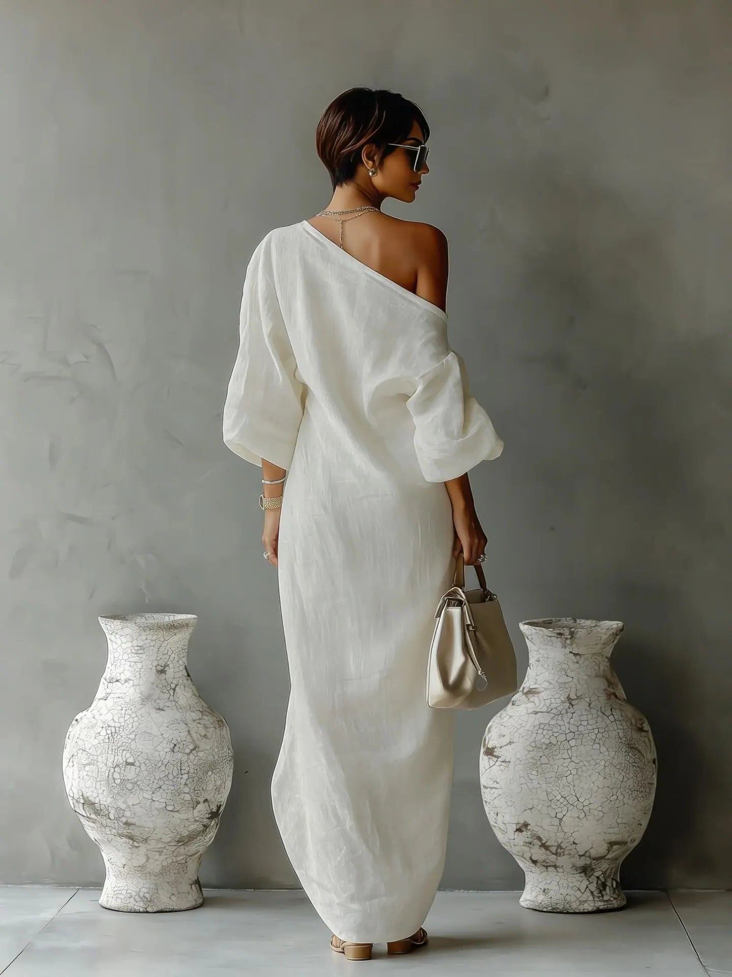 Asymmetrical One Shoulder Linen Maxi Dress for Women - View 3