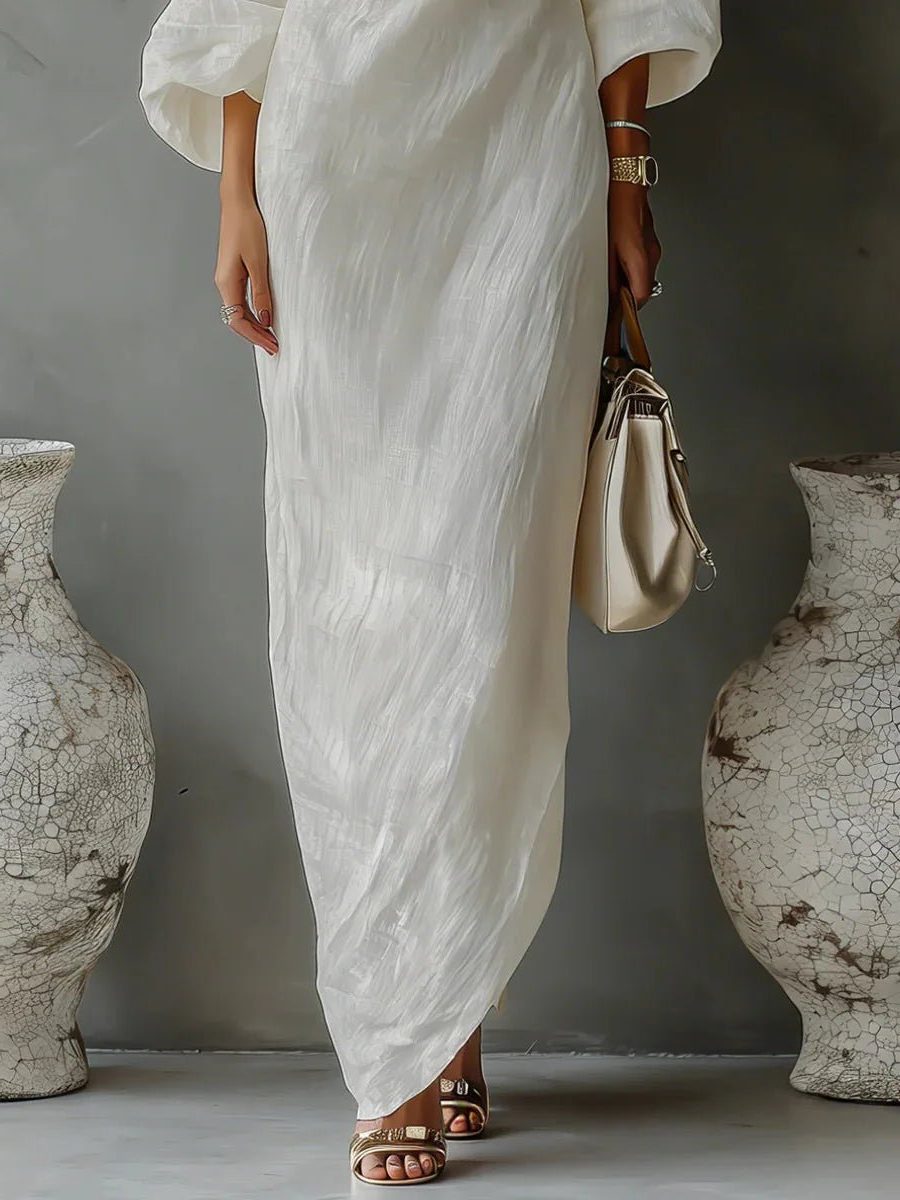 Asymmetrical One Shoulder Linen Maxi Dress for Women - View 4