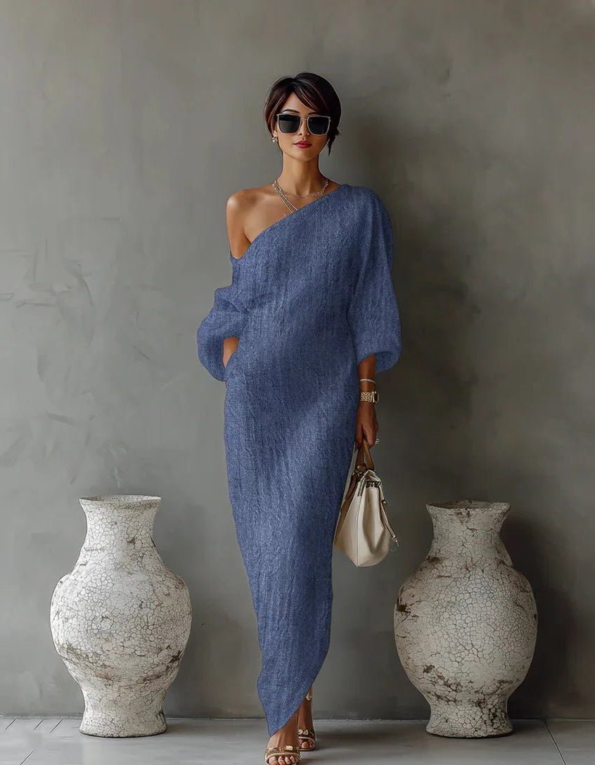 Asymmetrical One Shoulder Linen Maxi Dress for Women - Blue