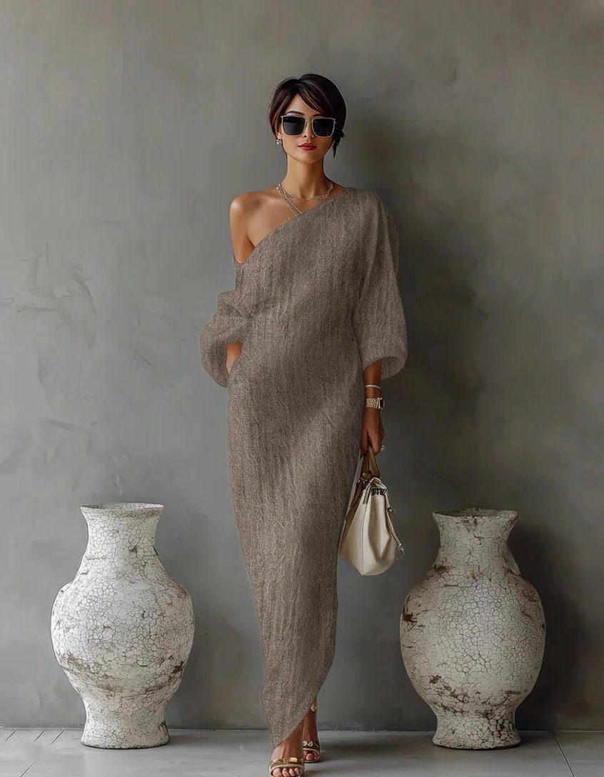 Asymmetrical One Shoulder Linen Maxi Dress for Women - Khaki