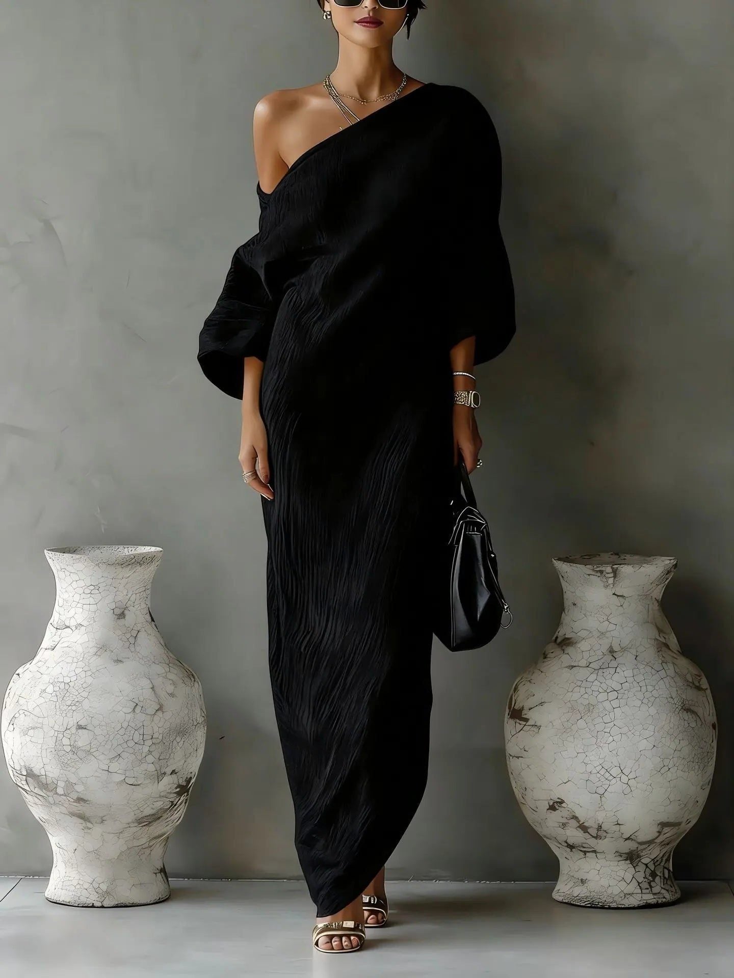 Asymmetrical One Shoulder Linen Maxi Dress for Women - Black