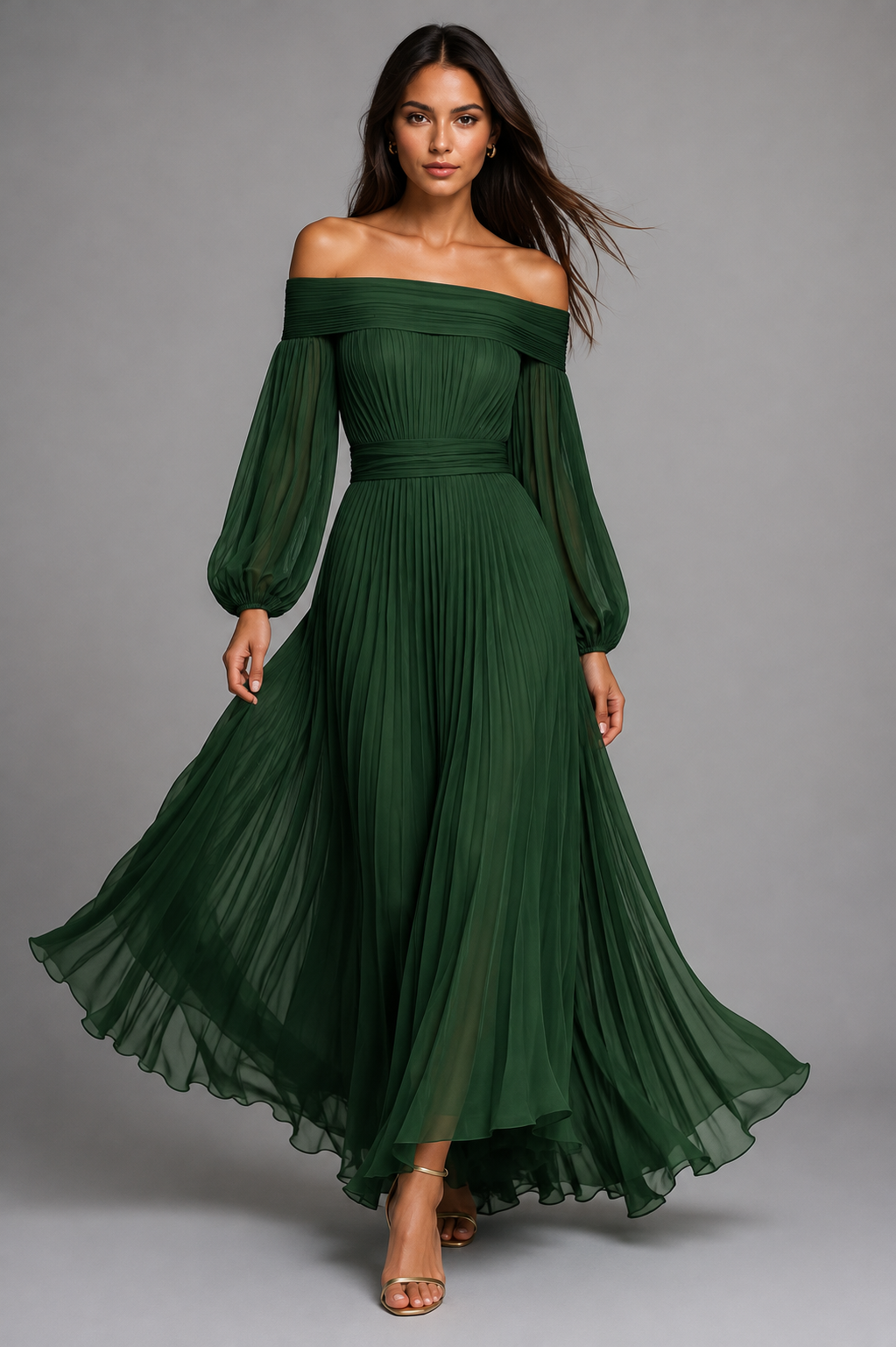 Autumn Wedding Guest Pleated Off-Shoulder Maxi Dress for Women