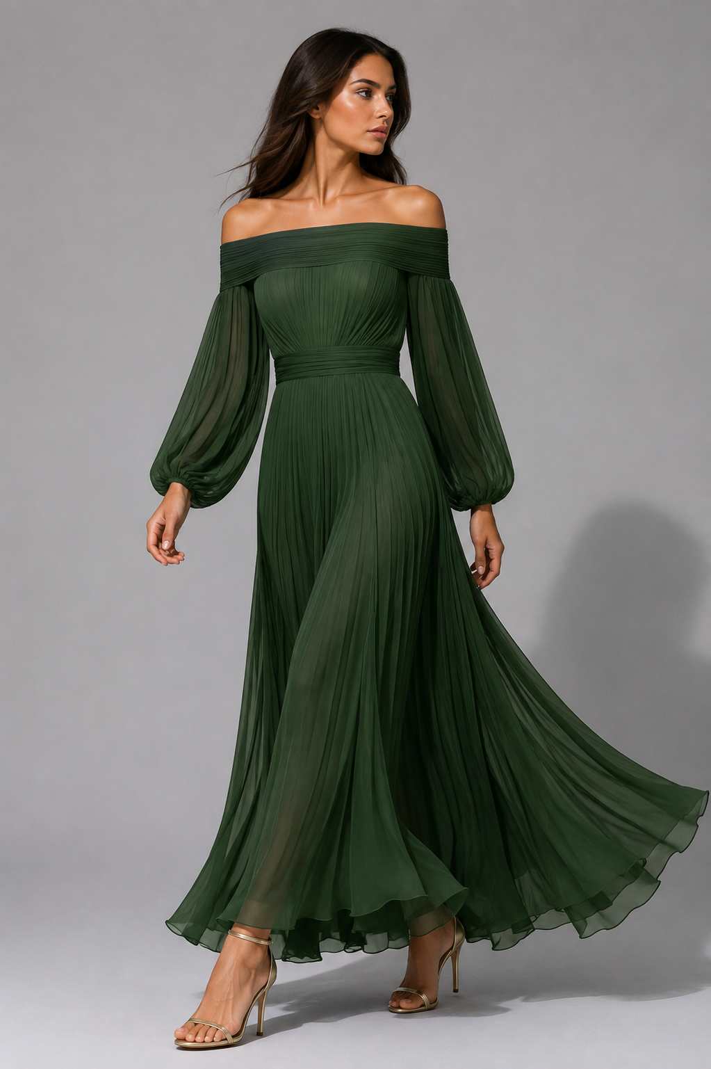 Autumn Wedding Guest Pleated Off-Shoulder Maxi Dress for Women