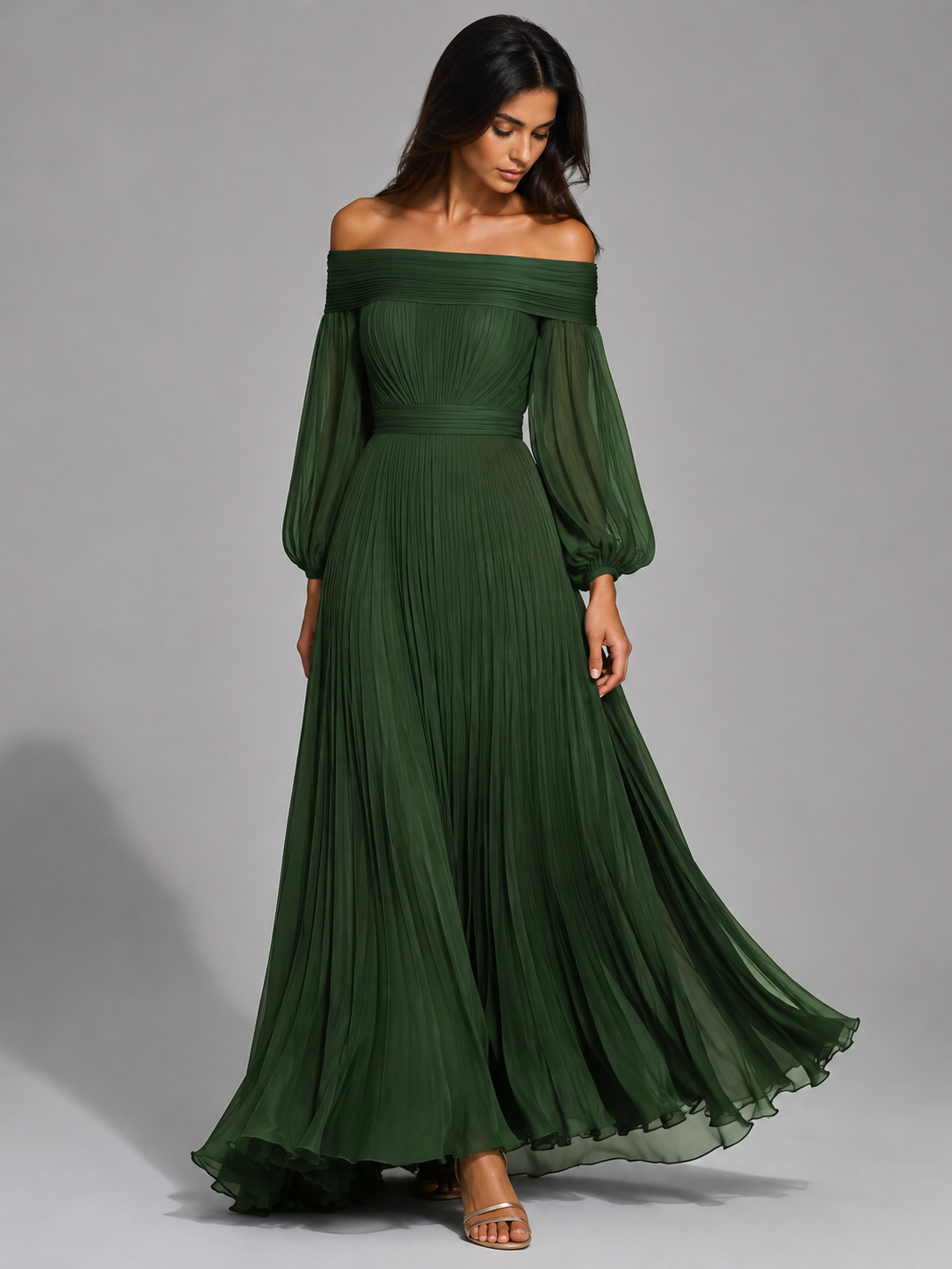 Autumn Wedding Guest Pleated Off-Shoulder Maxi Dress for Women