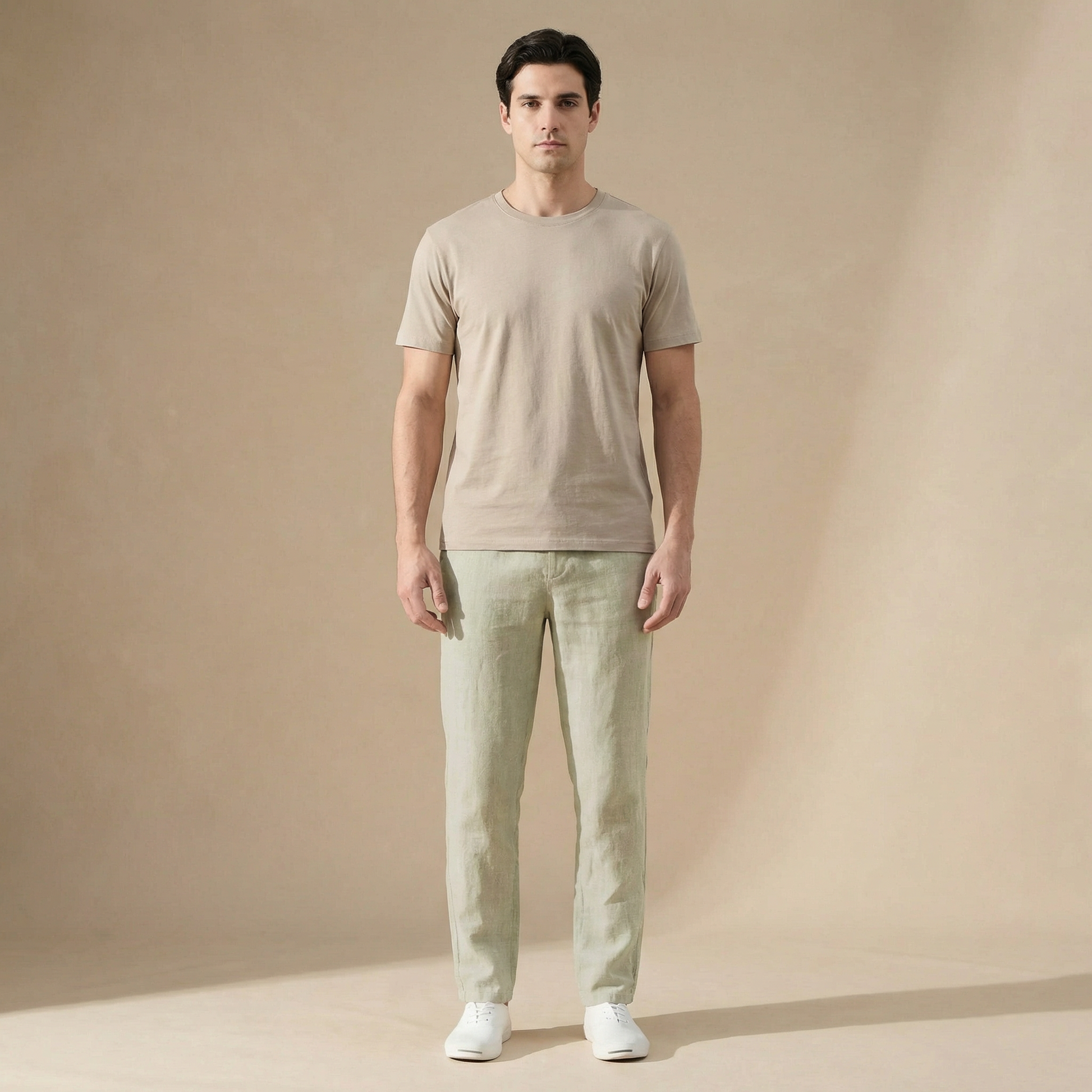 Linen Straight Leg Trousers with Elastic Waistband for Men