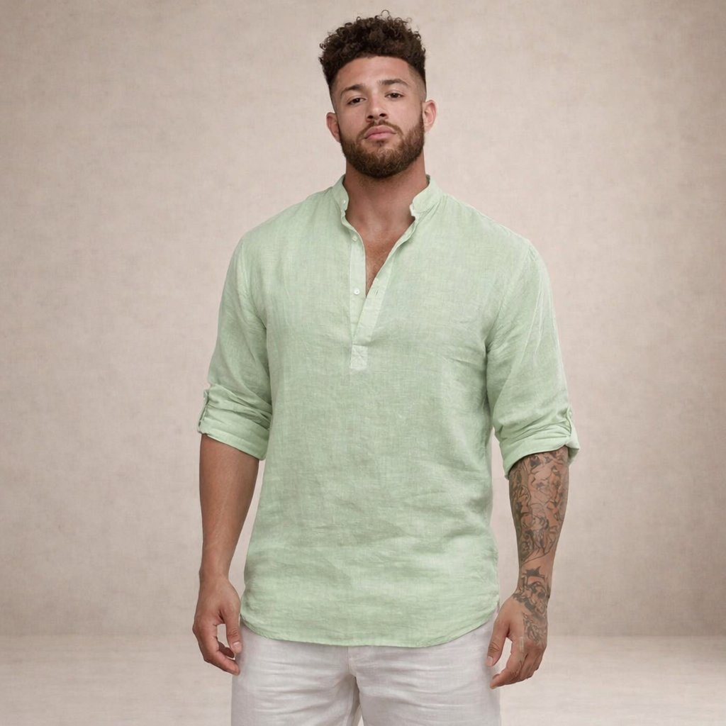 Linen Stand Collar Long Sleeve Shirt for Men