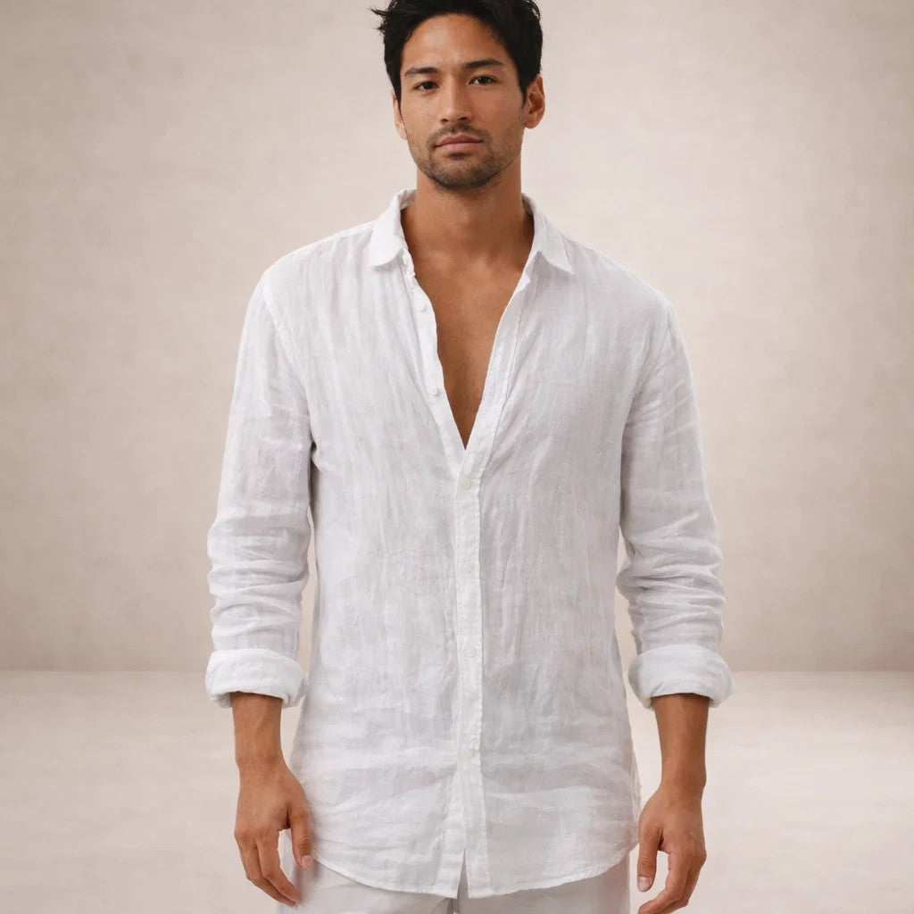 Linen Long Sleeve Shirt with Open Collar for Men