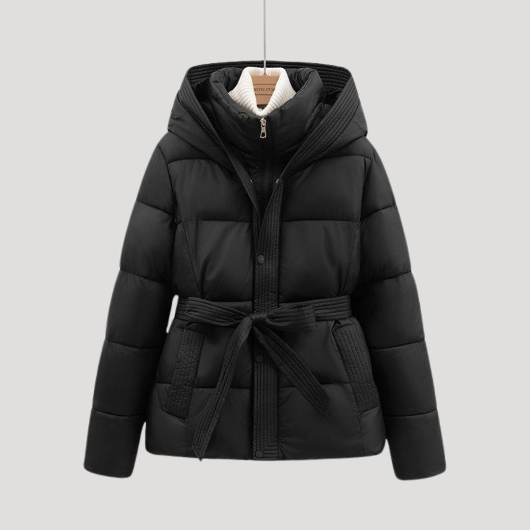 Belted Hooded Puffer Jacket for Women - Black