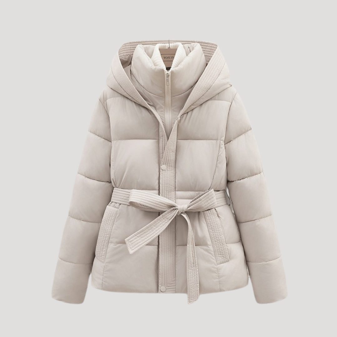 Belted Hooded Puffer Jacket for Women - Beige