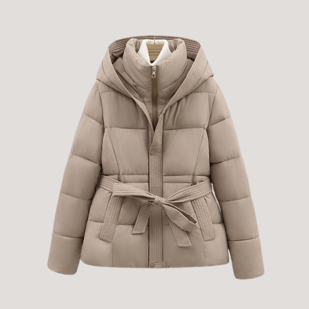 Belted Hooded Puffer Jacket for Women - Bronze