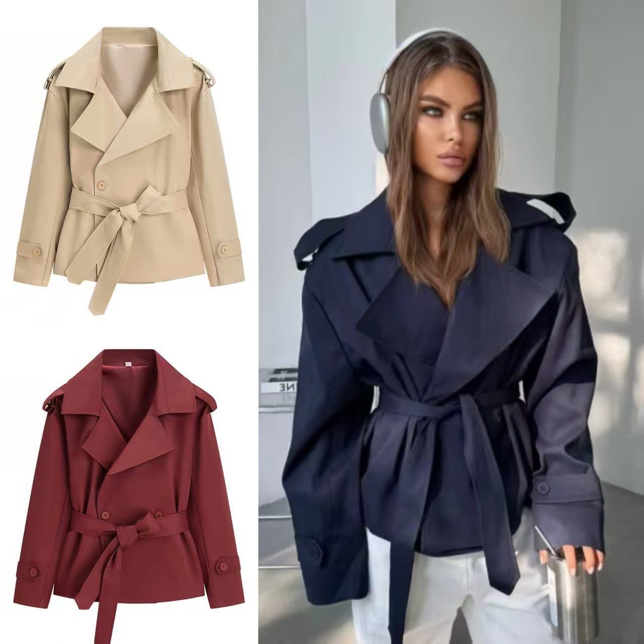 Belted Leather Trench Coat with Lapel Collar for Women