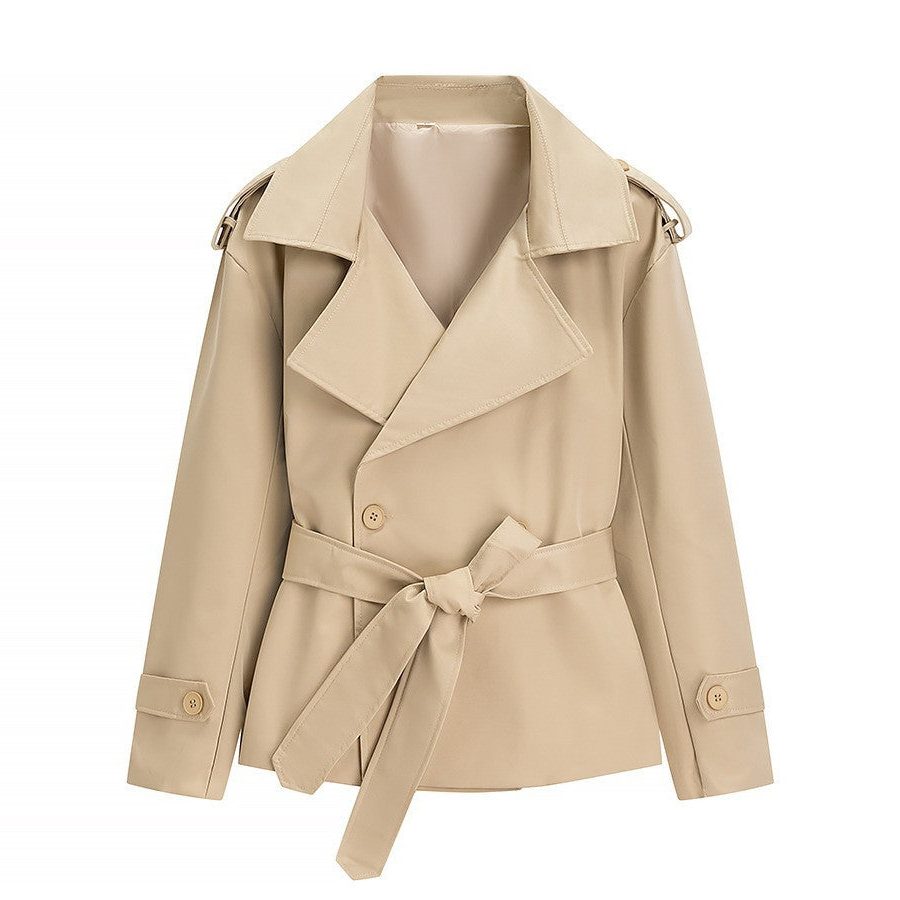 Belted Leather Trench Coat with Lapel Collar for Women - Khaki