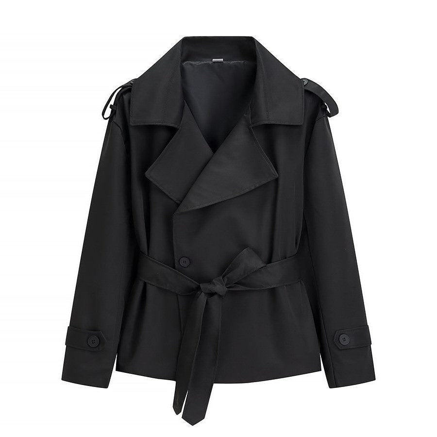 Belted Leather Trench Coat with Lapel Collar for Women - Schwarz