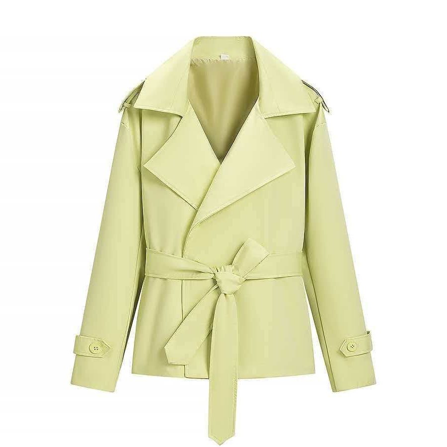Belted Leather Trench Coat with Lapel Collar for Women - Hellgelbgrün