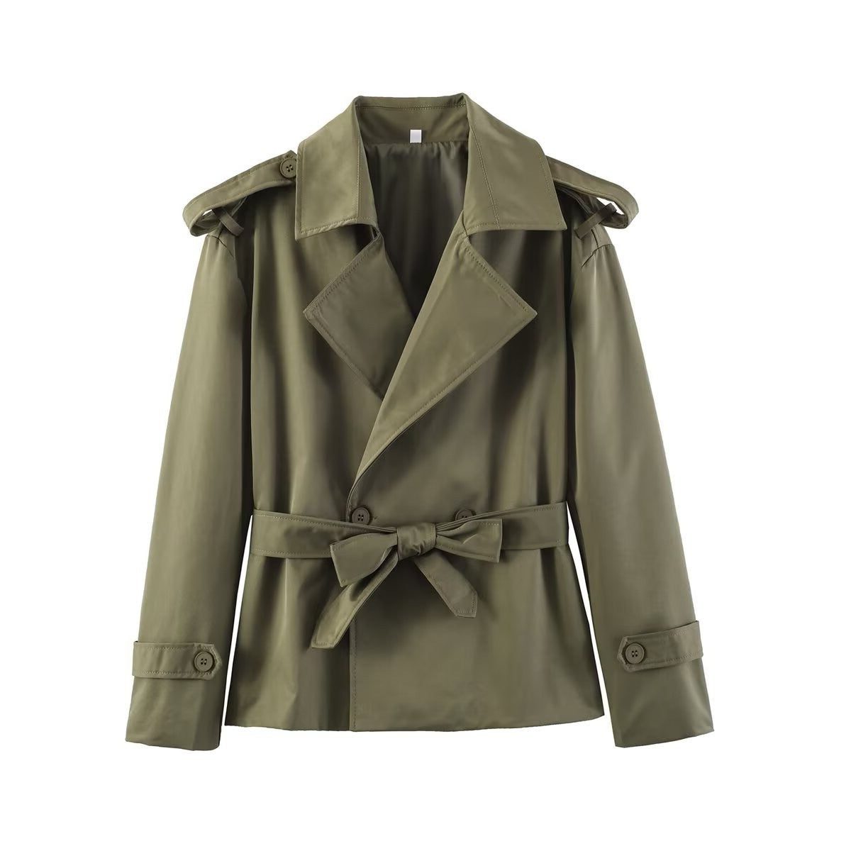Belted Leather Trench Coat with Lapel Collar for Women - Grün