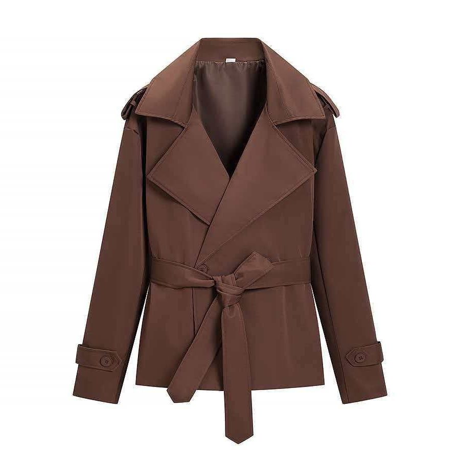 Belted Leather Trench Coat with Lapel Collar for Women - Dunkelbraun