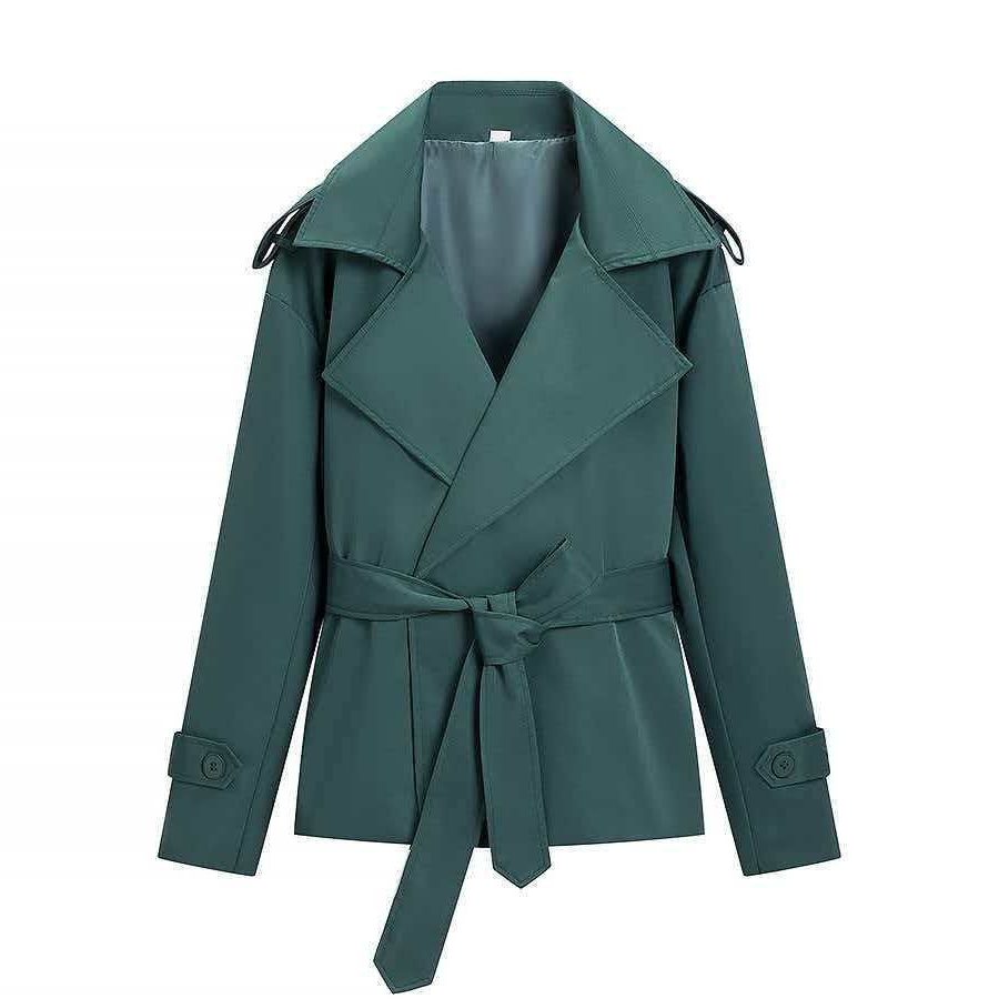 Belted Leather Trench Coat with Lapel Collar for Women - Tiefgrün