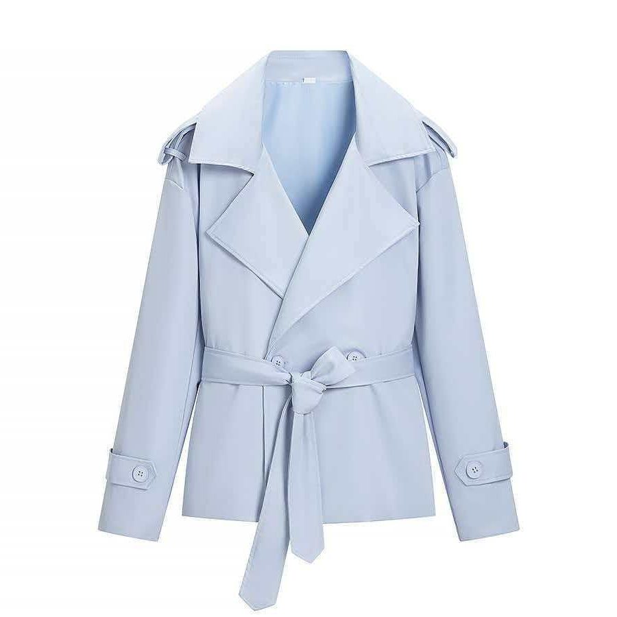 Belted Leather Trench Coat with Lapel Collar for Women - Hellblau