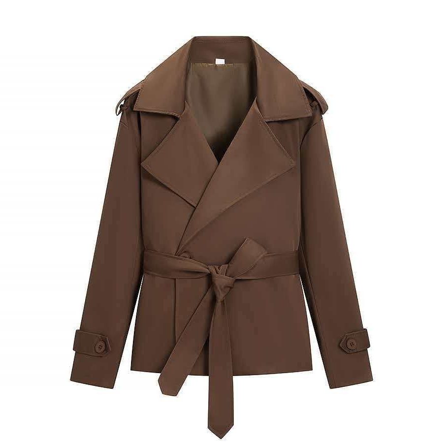 Belted Leather Trench Coat with Lapel Collar for Women - Dunkles Kaffeebraun