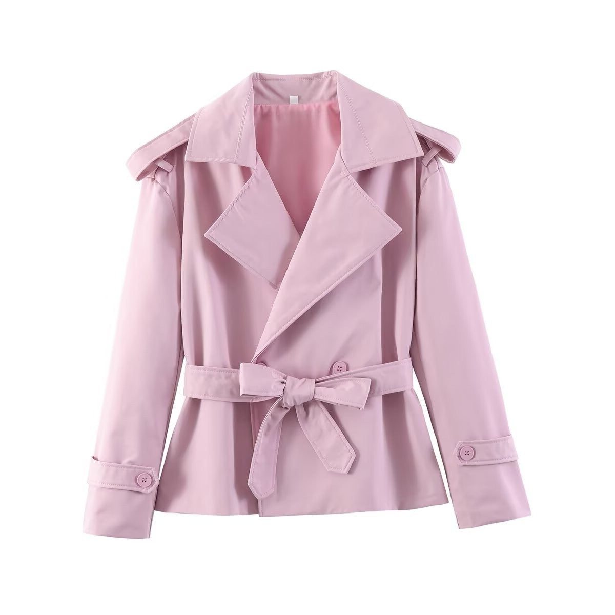 Belted Leather Trench Coat with Lapel Collar for Women - Pink