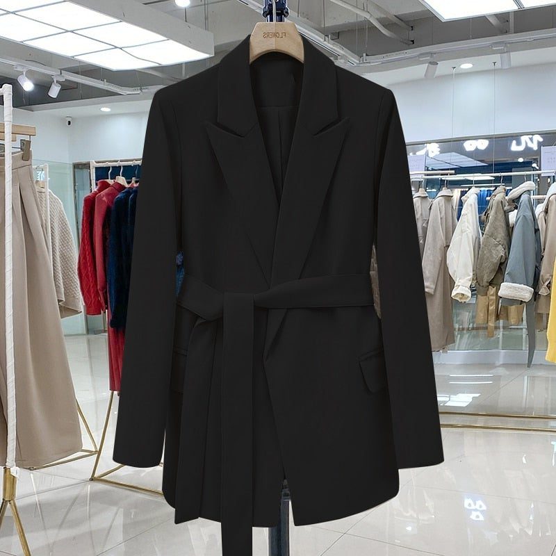 Belted Long-Line Blazer for Women - Black