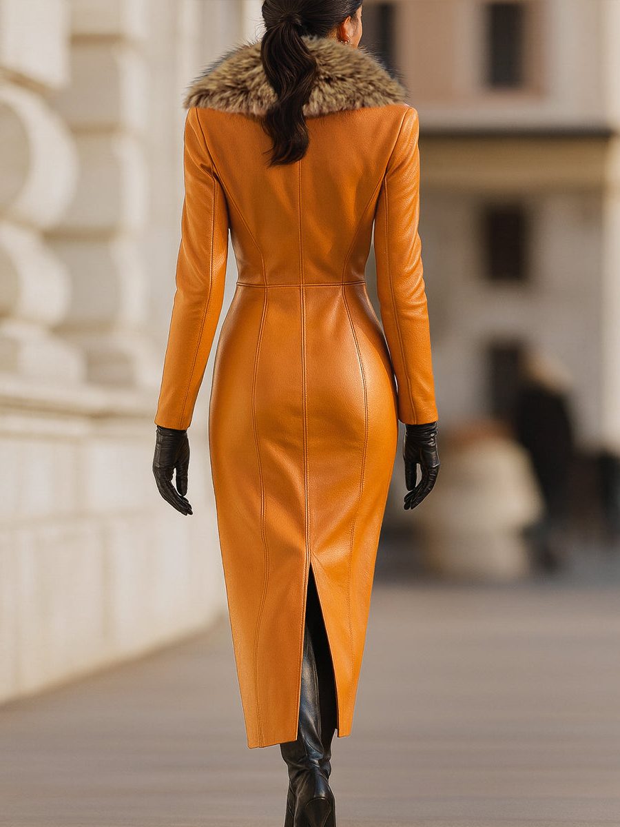 Belted Long Sleeve Faux Leather Maxi Dress with Fur Collar for Women - View 2