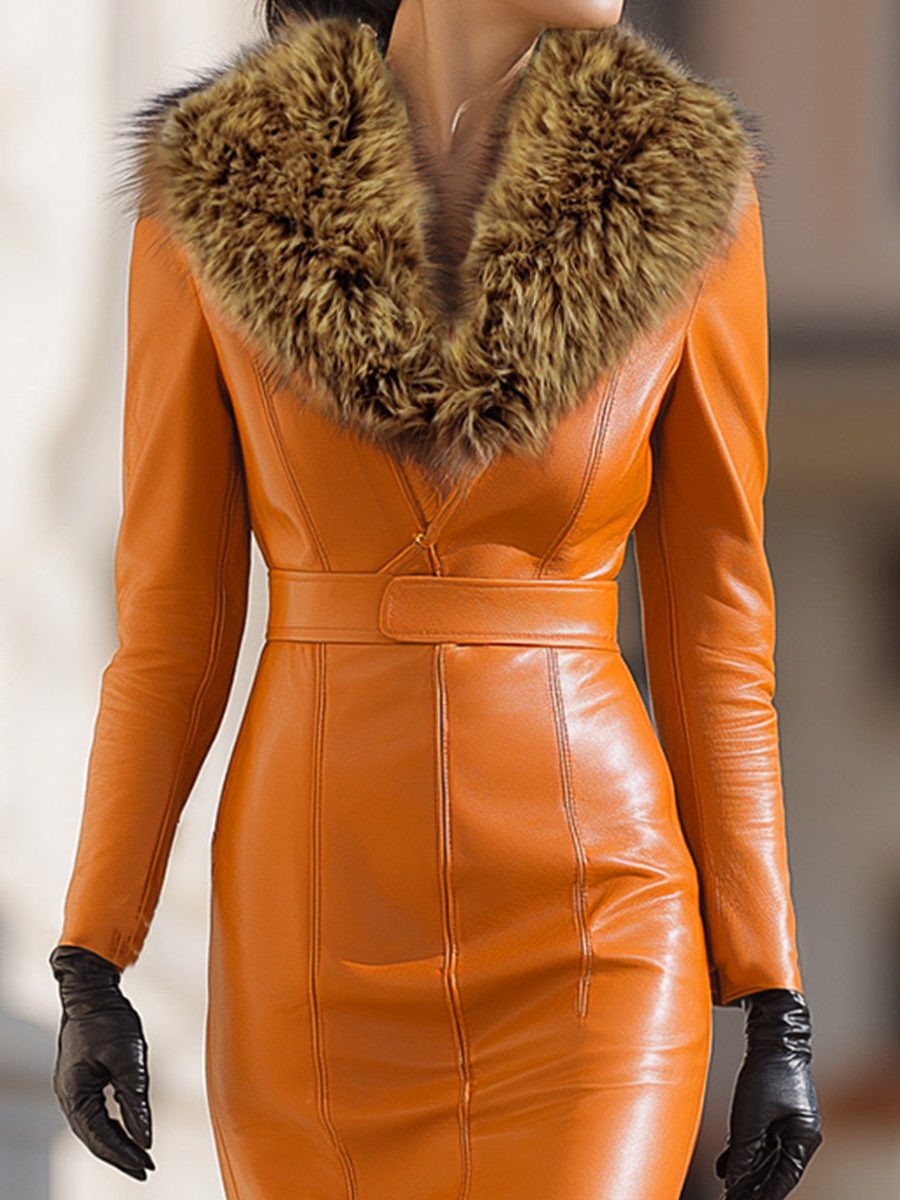 Belted Long Sleeve Faux Leather Maxi Dress with Fur Collar for Women - View 3
