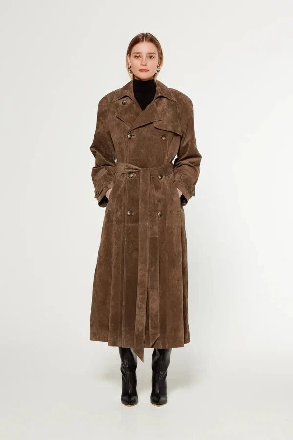 Belted Maxi Leather Trench Coat for Women - Suede Brown