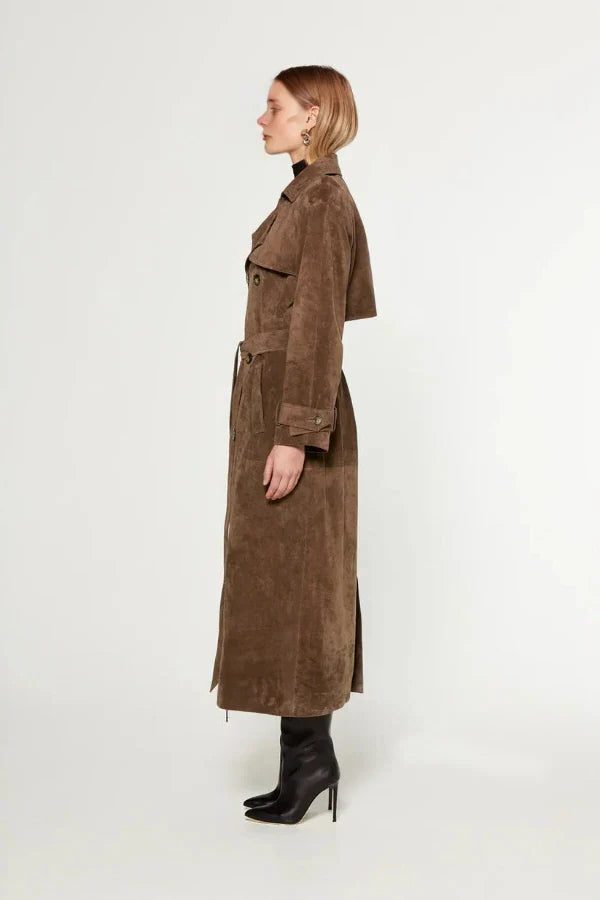 Belted Maxi Leather Trench Coat for Women