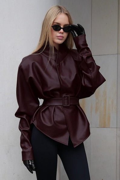 Belted Stand Collar Leather Jacket for Women
