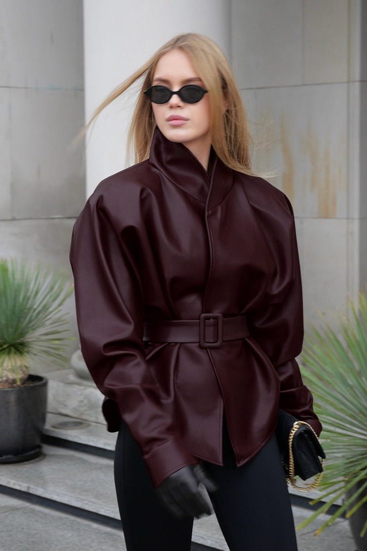 Belted Stand Collar Leather Jacket for Women - View 4