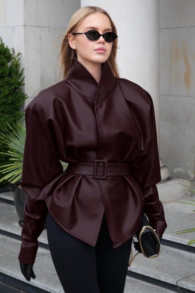 Belted Stand Collar Leather Jacket for Women - View 8