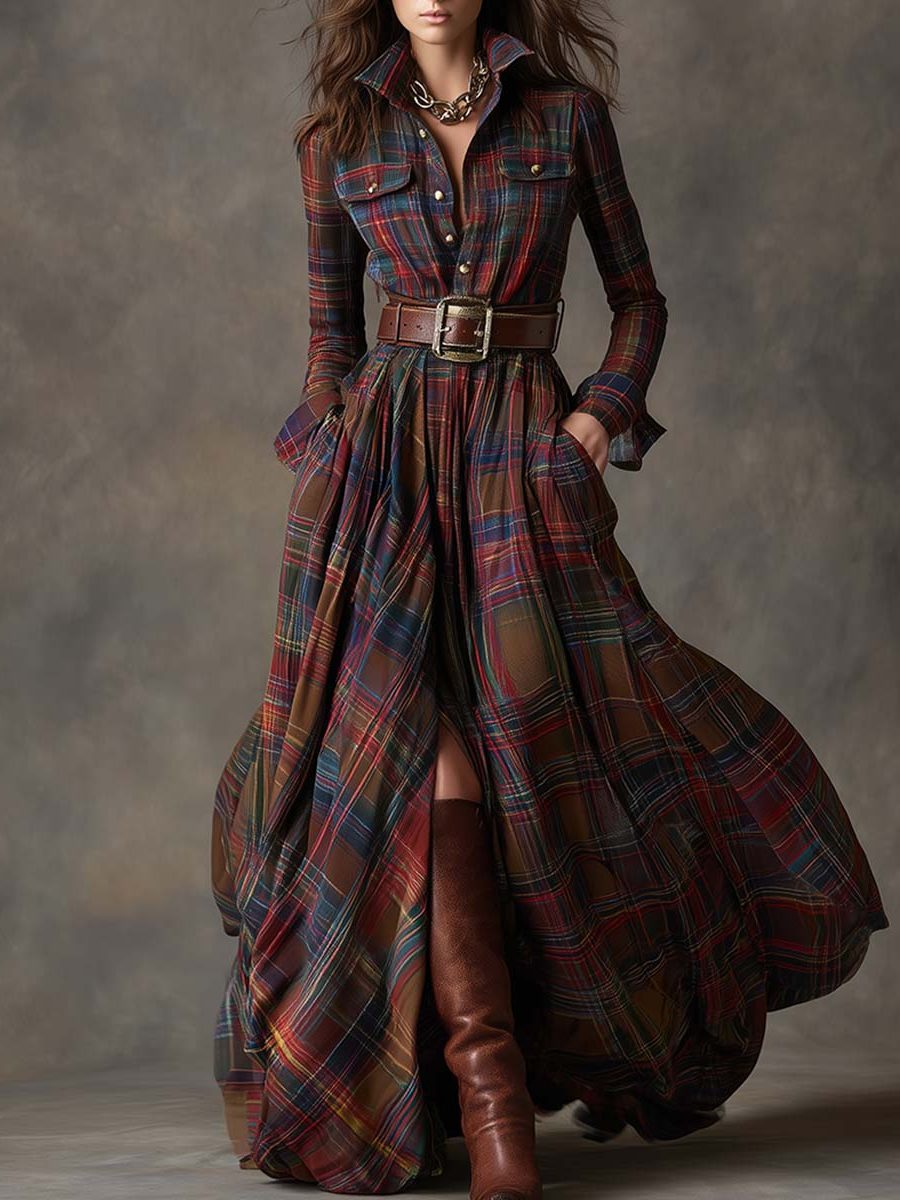 Belted Tartan Shirt Dress for Women