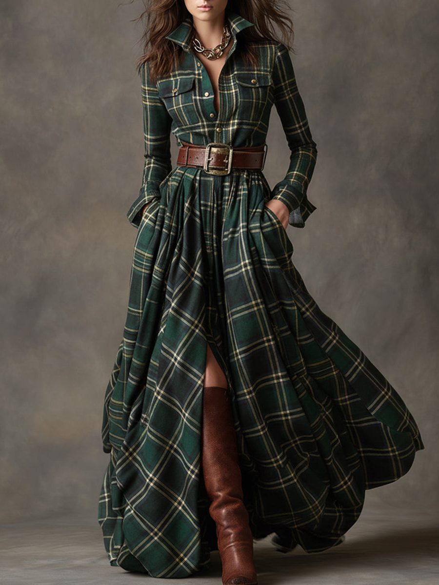 Belted Tartan Shirt Dress for Women - Green