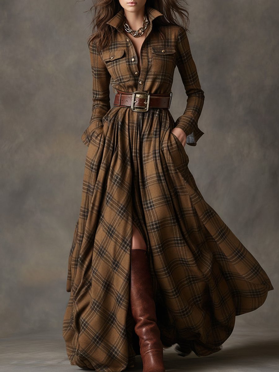 Belted Tartan Shirt Dress for Women - Brown