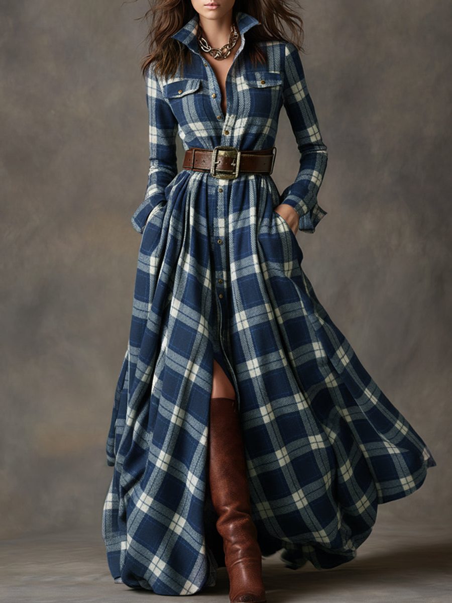 Belted Tartan Shirt Dress for Women - Blue